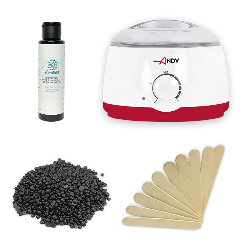 ANYSKIN Kit Depilazione con Scaldacera Vaso + Cera Black in Chicchi + Dopocera + Spatole in Legno