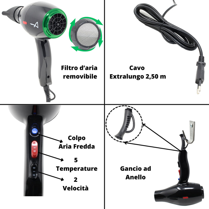 Altéax Jetflow Phon Capelli Professionale 2300W con Motore AC Lunga Durata, Termostato di Sicurezza, 3 temperature e 2 velocità - Omaggio Mantella Parrucchiere